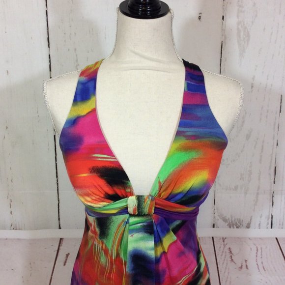 NWT Cache Halter Dress Sexy Knit Colorful Plunge Neck Tropical Bodycon Size 10 - Picture 3 of 13